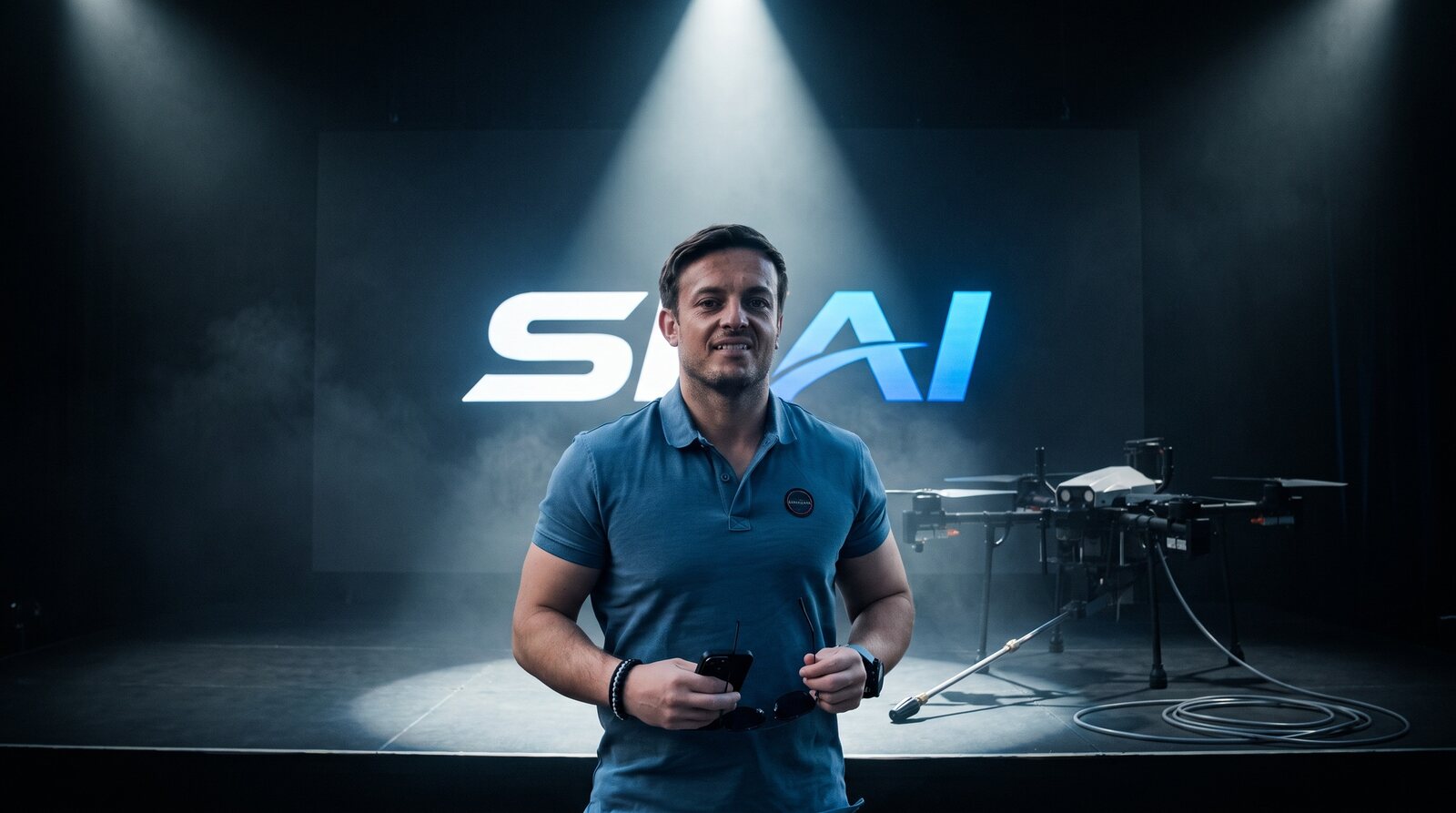 Founder of SKAI Cleanse Solutions on stage with the SKAI drone
