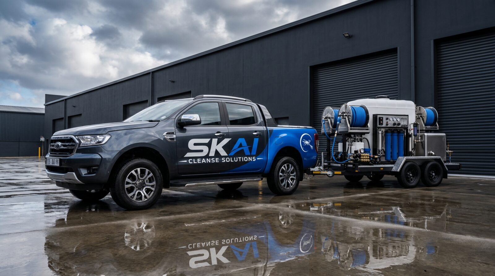 SKAI truck and water-system trailer at the depot